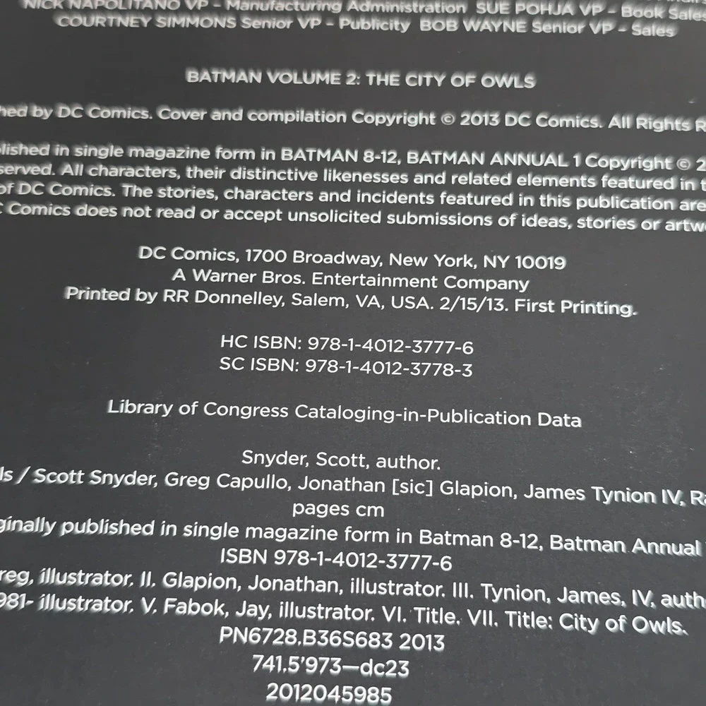 Batman Vol 2 The City of Owls Hardcover DC Comic New 52 Snyder Capullo 1st Print